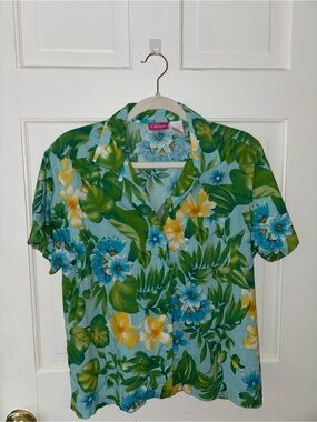 Vintage Pappagallo Tropical Floral Short Sleeve Shirt - Light Blue, Green, Yello